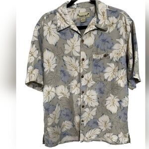 Paradise Cove green floral print 100% silk button up shirt L